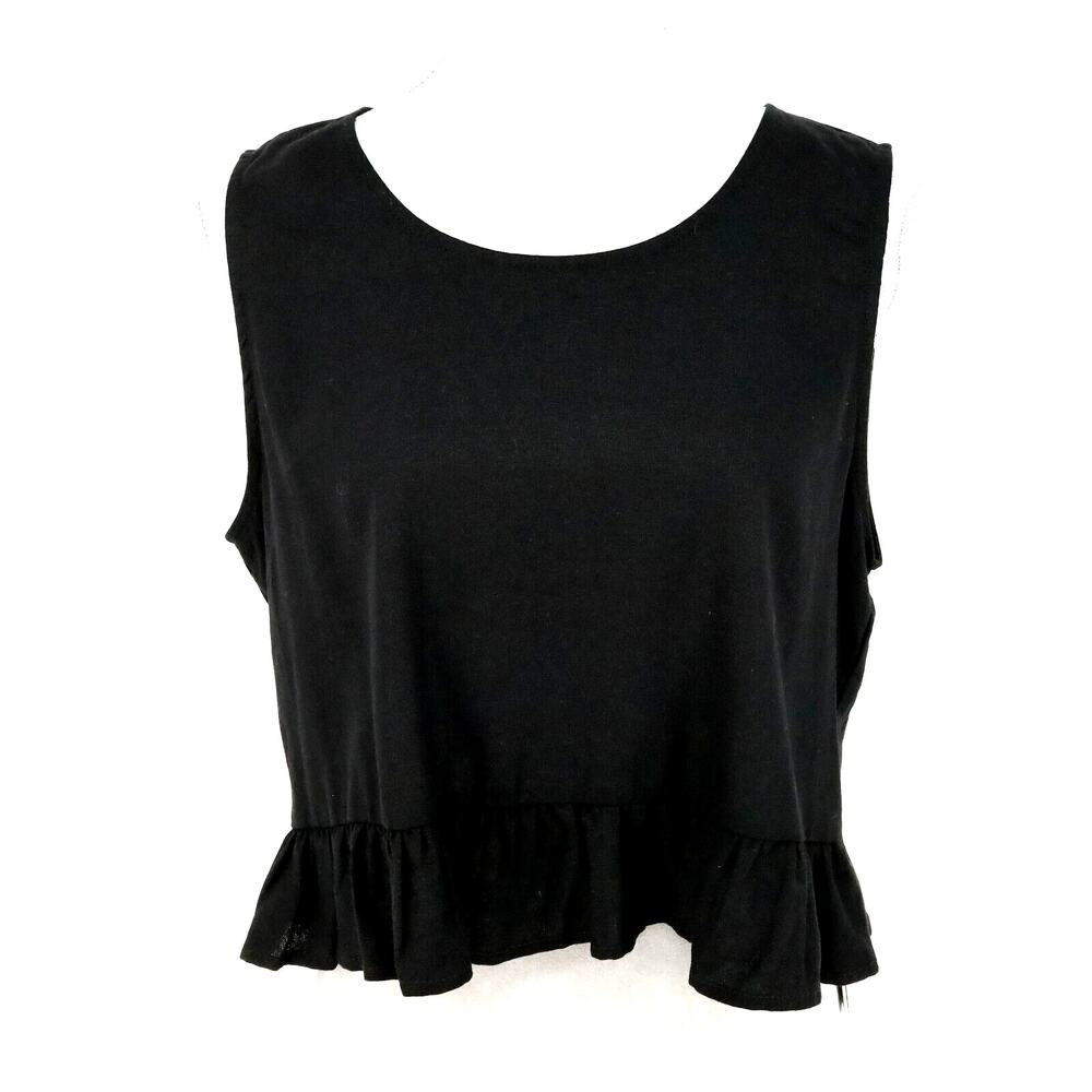 Nicole Miller Top Womens Large Black Linen Blend Ruffle Hem Blouse Resort New